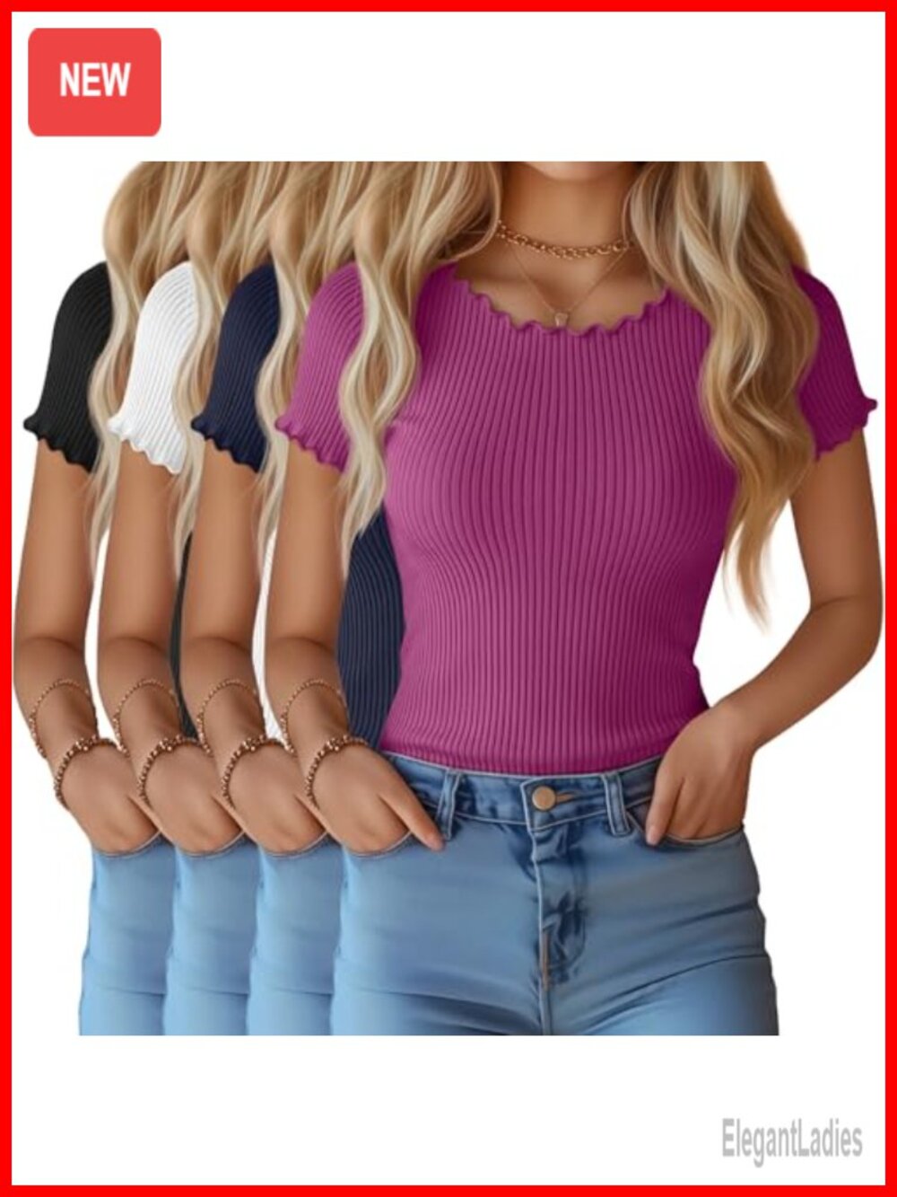 Women's Cotton Lettuce Trim Slim Fit Short Sleeve T-Shirts 4 Pack